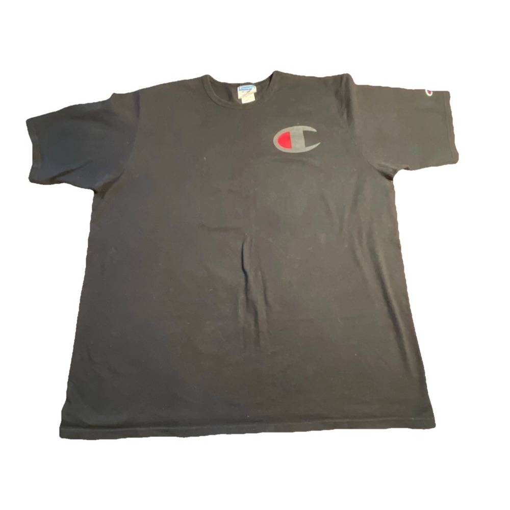 Vintage Champion "Big C" Black T-shirt Doube Sided XXL Cities Spellout